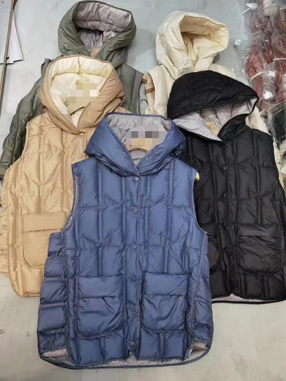 Lightweight Women Hooded Down Vest - Boxy, Down, Autumn