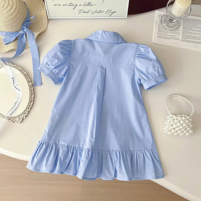 Soft Girls' Dress – Classic Rabbit-Applique Turn-Down Collar Puff Sleeves, Cotton, Casual Everyday Wear