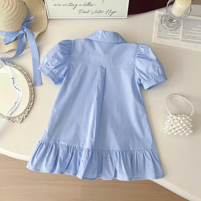Soft Girls' Dress – Classic Rabbit-Applique Turn-Down Collar Puff Sleeves, Cotton, Casual Everyday Wear