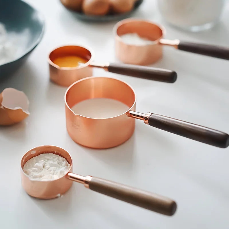 Acacia Wooden Handle Measuring Cups and Rose Gold Measuring Spoon Set - Baking Essentials