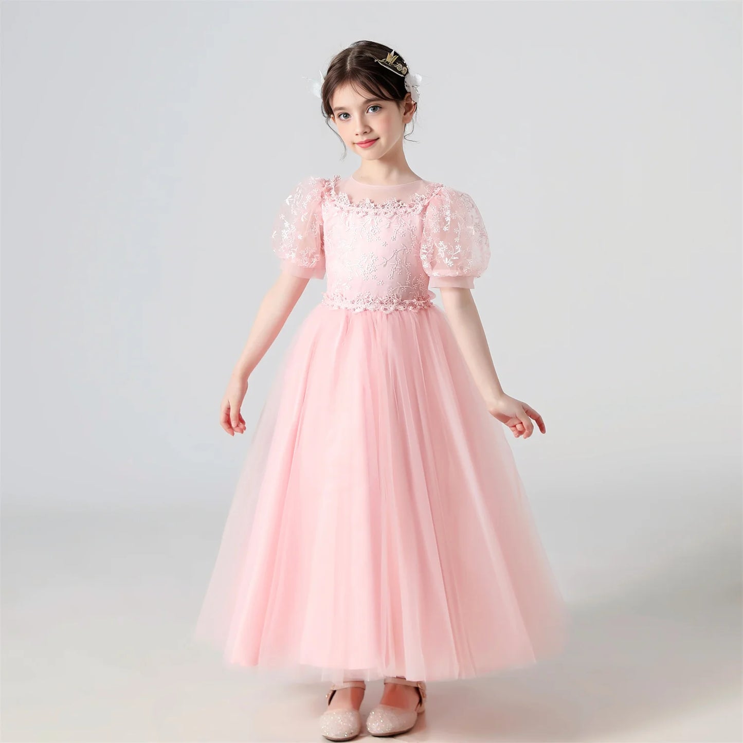 Soft Girls' Dress - Flowy Princess-Cut Lace-Embroidery, Polyester, Wedding Party