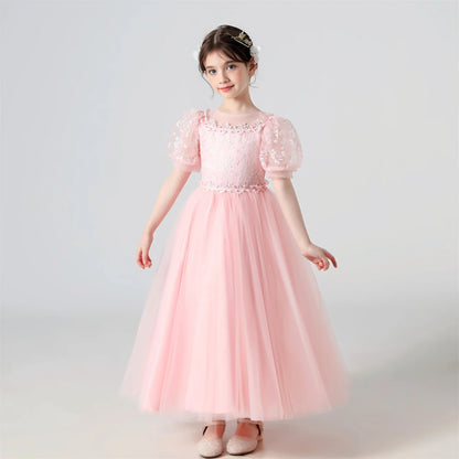 Soft Girls' Dress - Flowy Princess-Cut Lace-Embroidery, Polyester, Wedding Party