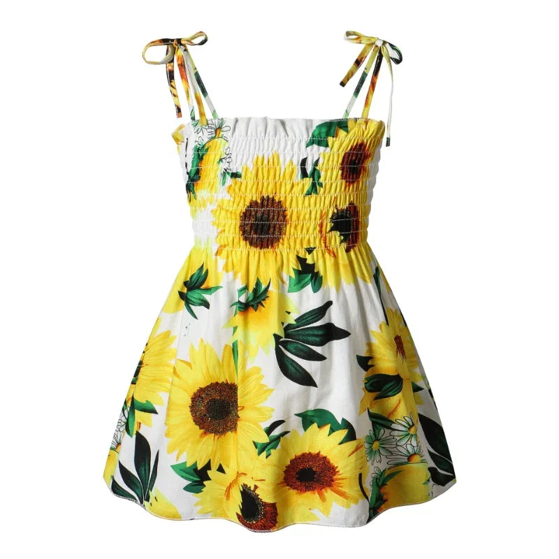 Soft girls' floral sundress - smocked bodice, polyester, for casual beach party