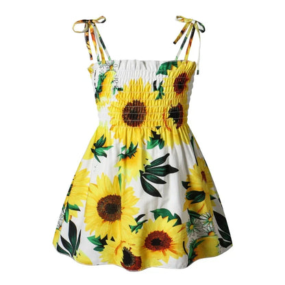 Soft girls' floral sundress - smocked bodice, polyester, for casual beach party