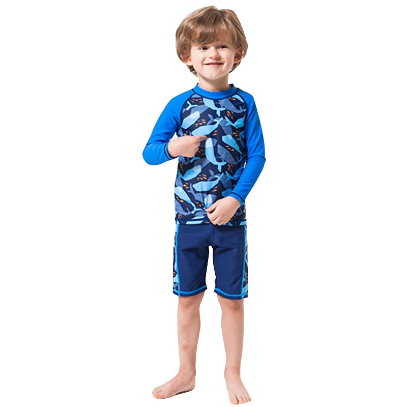 Hurtigtørrende unisex badedragt sæt til børn - langærmet top og shorts, polyester, til sommersvømning