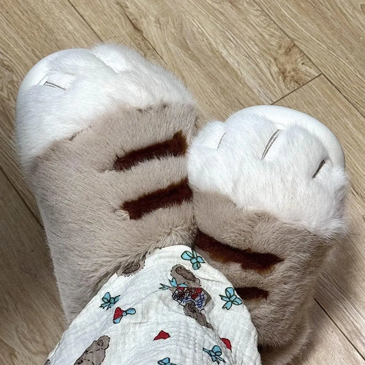 Varme, hyggelige unisex-tøfler – kattepote-plush-design, blødt imiteret pels, indendørs vinterbrug