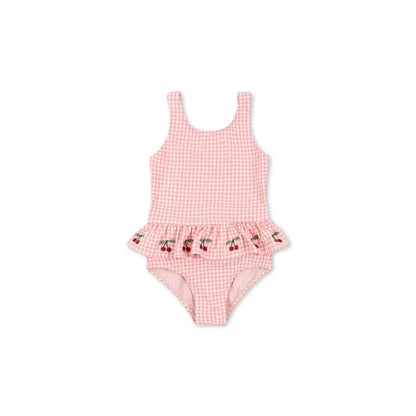 Quick-dry girls’ swimwear - checkered cherry print bikini set, nylon, for summer vacation