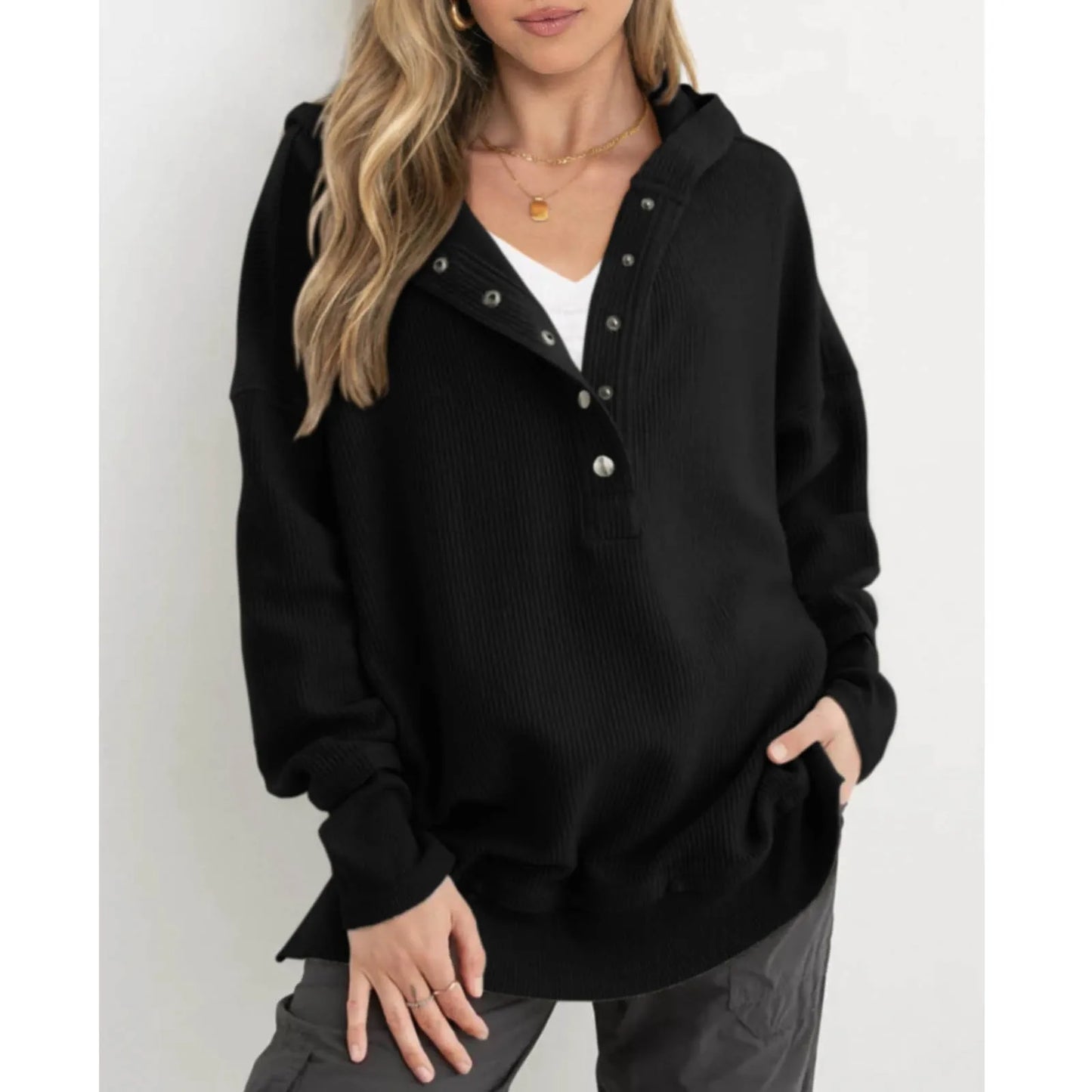 Oversized Women Pullover Hoodie - Snap V-Neck, Ribbed