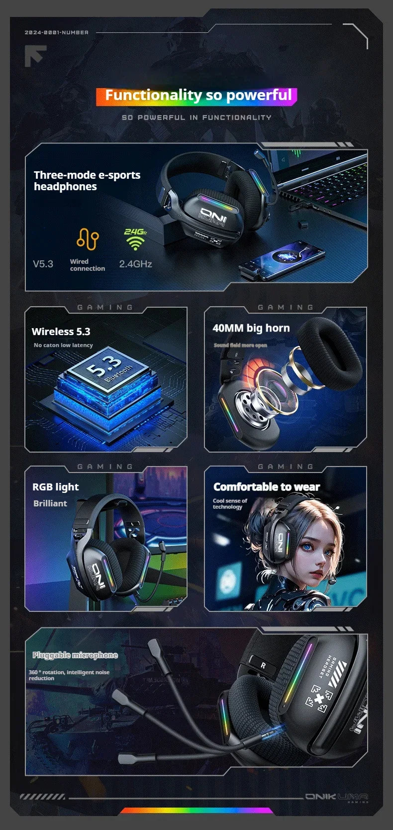 Wireless Gaming Headset Tri Mode Bluetooth Wired Immersive