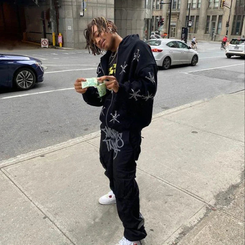 Overdimensjonert herre hettejakke med glidelås - Rhinestone skjelett, bomull