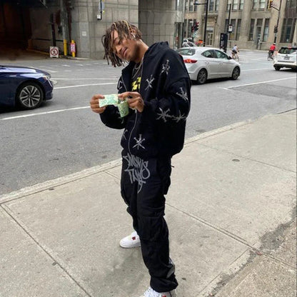 Overdimensjonert herre hettejakke med glidelås - Rhinestone skjelett, bomull