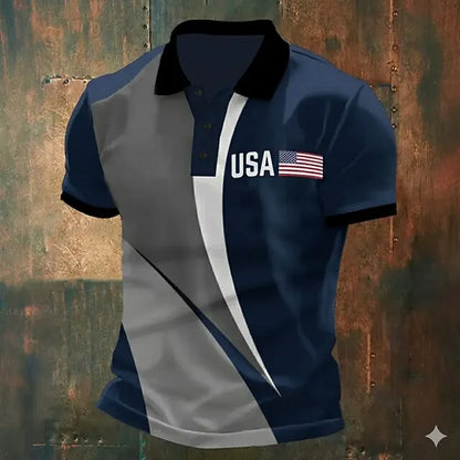 Lightweight men's polo shirt - graphic flag print, cotton, casual summer wear for outdoor events