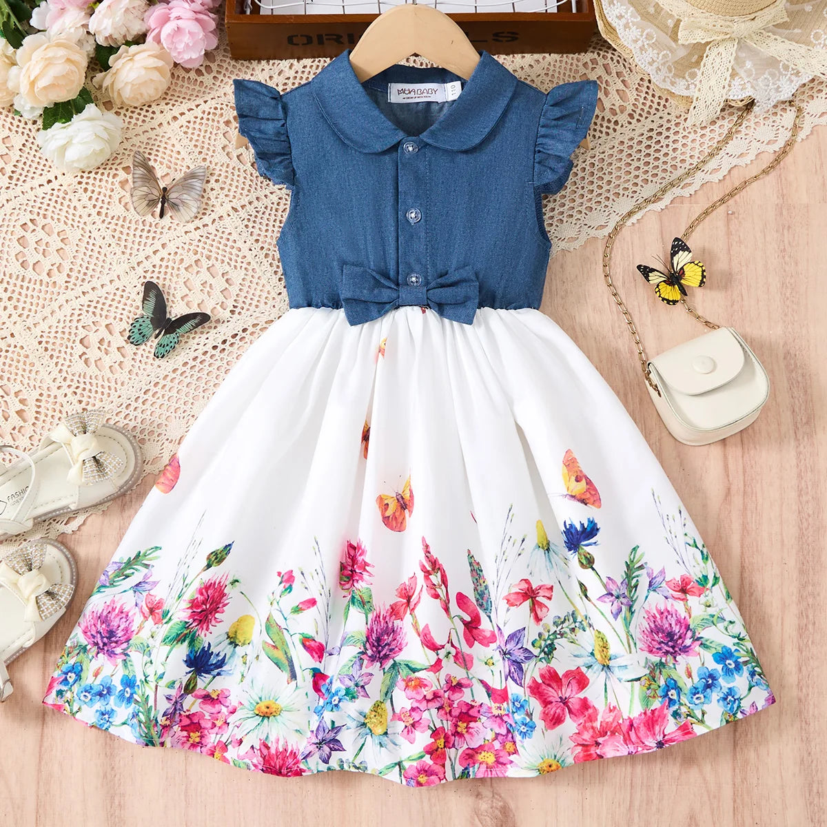 Breathable girls' dress - lace-up sling, sleeveless, flowy, polyester, for summer