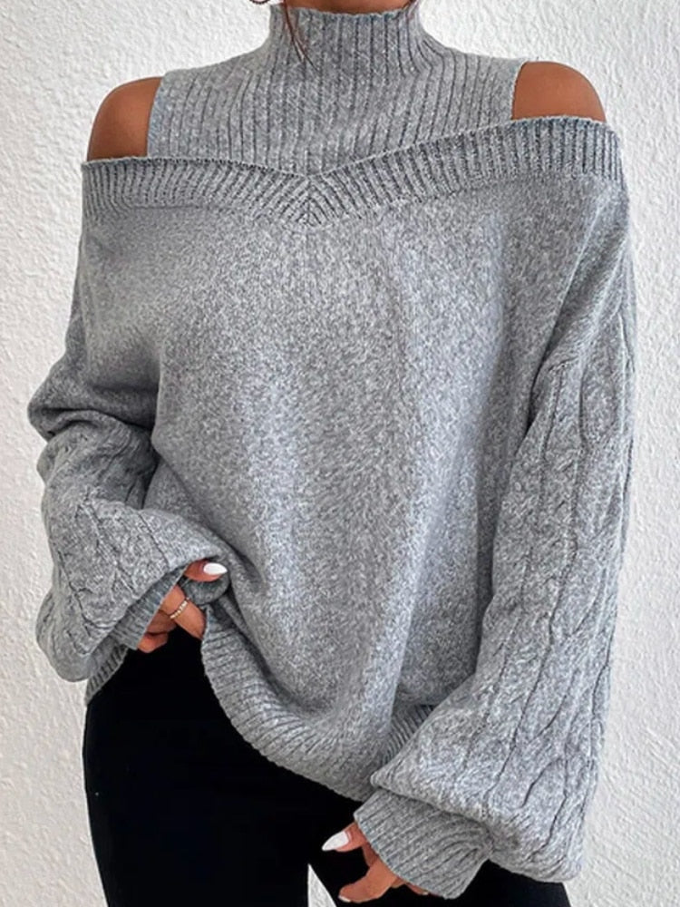 Blød Kvinde Off-Shoulder Rullekrave Sweater - Oversized Strik