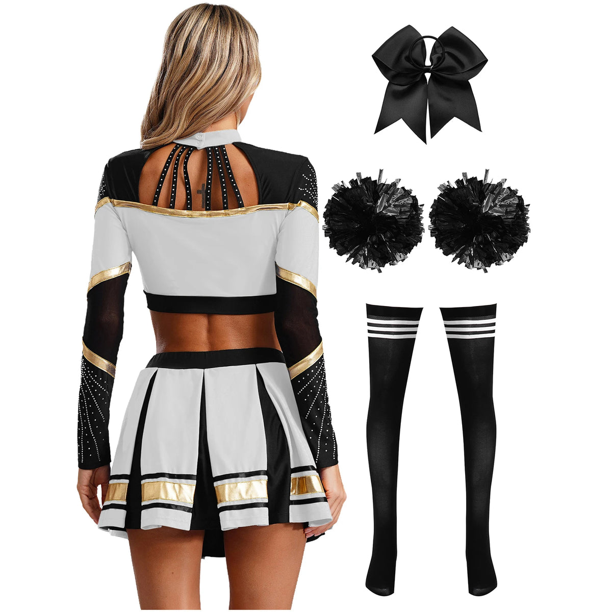 Cosplaykostuum voor cheerleaderoptredens voor vrouwen, crop-top met lange mouwen en geplooide rok met pompons 2026