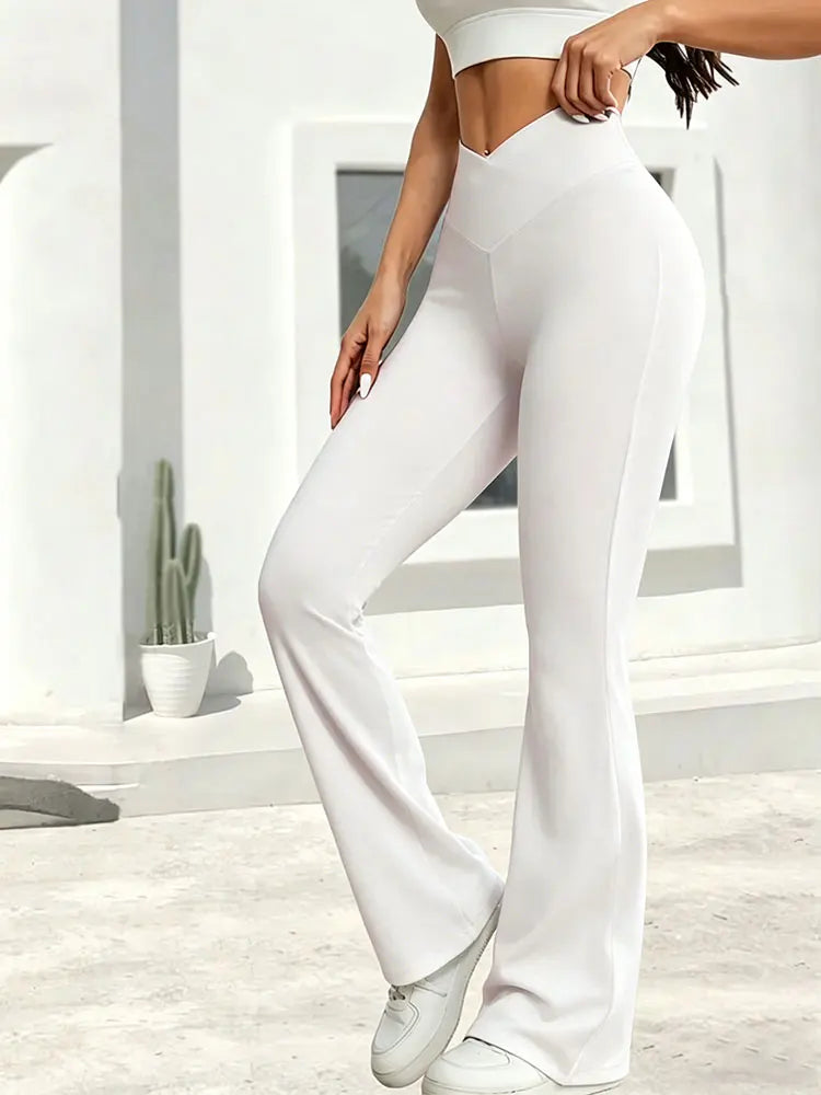 Relaxed women's high-waist wide-leg leggings – flared hem cross-waist design, casual sports trousers