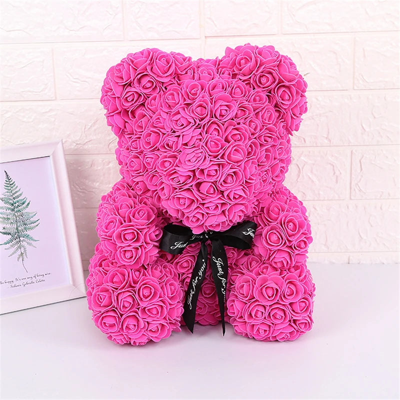 Faux Rose Teddy Bear with Gift Box and Lights - Romantic Anniversary or Valentine's Day Gift, Wedding Decor