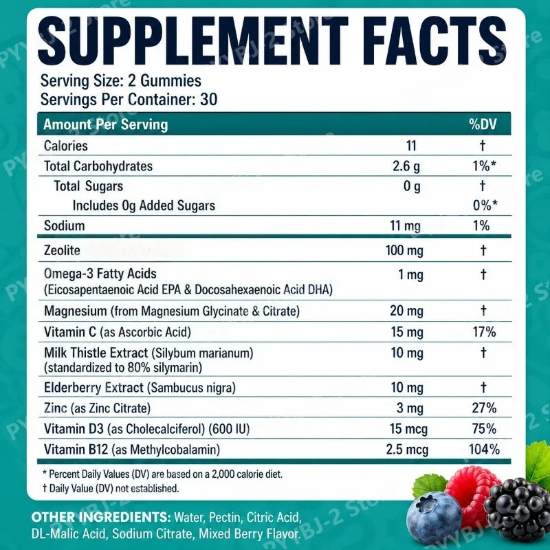 Zeolite Detox Gummies 60 Count – Multivitamin Omega-3 Magnesium Elderberry Immune Support Supplement 2026