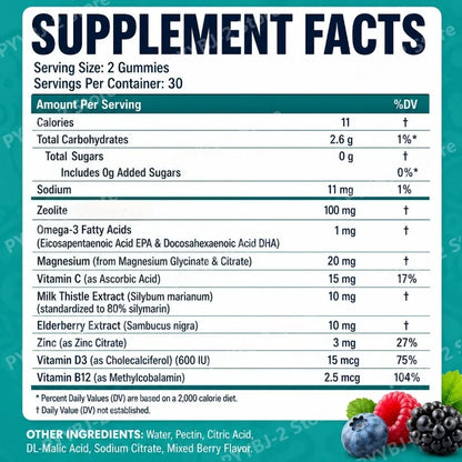 Zeolite Detox Gummies 60 Count – Multivitamin Omega-3 Magnesium Elderberry Immune Support Supplement 2026