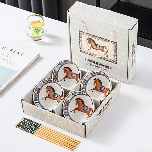 Japansk handmålad keramisk skålsats med ätpinnar