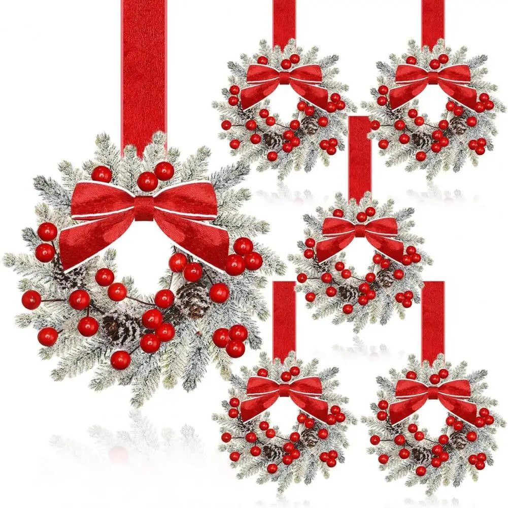 Juego de 6 coronas navideñas mini para gabinete con lazos rojos decoración duradera artificial estilo granja para las fiestas 2025