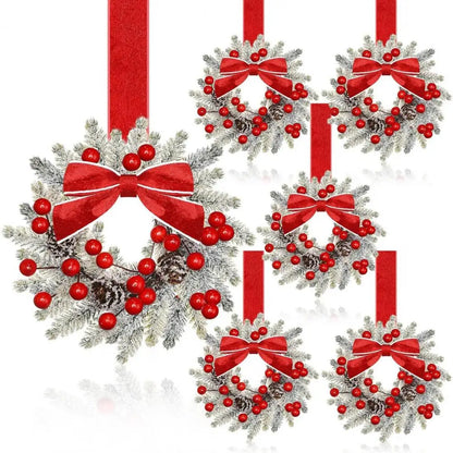 Juego de 6 coronas navideñas mini para gabinete con lazos rojos decoración duradera artificial estilo granja para las fiestas 2025