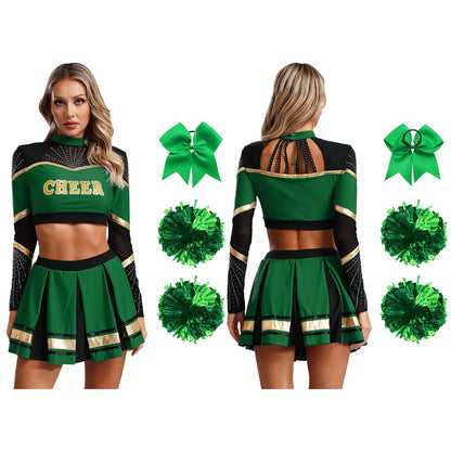 Cosplaykostuum voor cheerleaderoptredens voor vrouwen, crop-top met lange mouwen en geplooide rok met pompons 2026