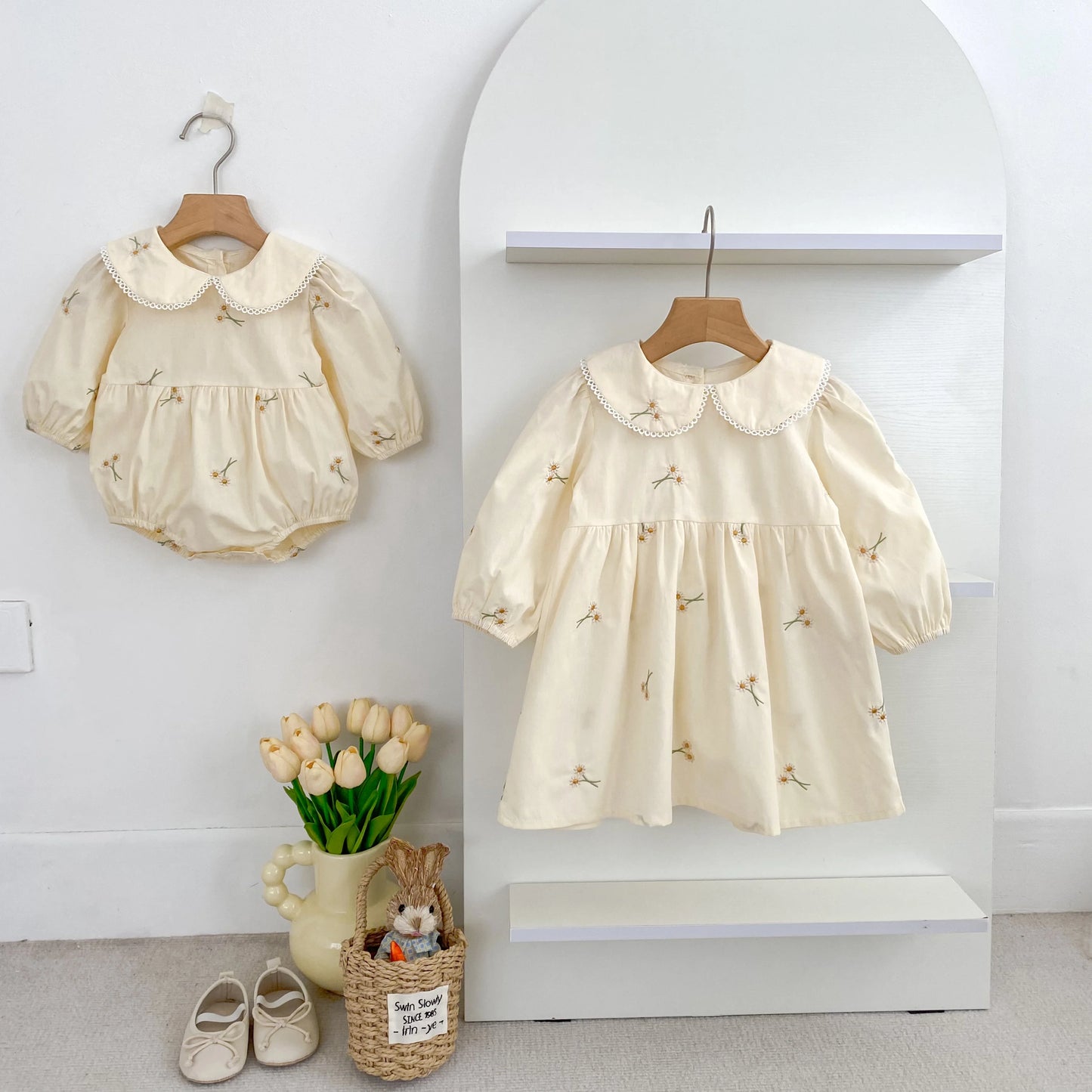 Soft, classic girls' dress - Peter Pan collar, cotton, floral embroidery, mid-calf length for spring