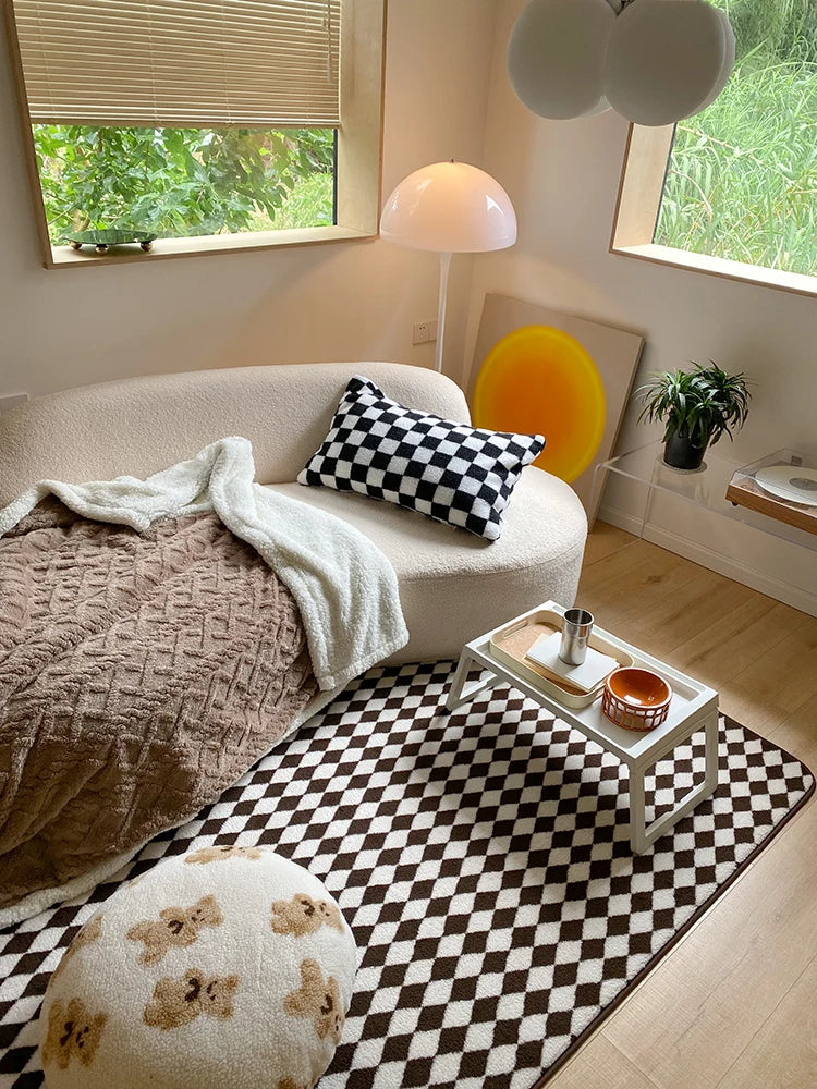 Checkerboard Plush Area Rug Japanese Style Minimalist