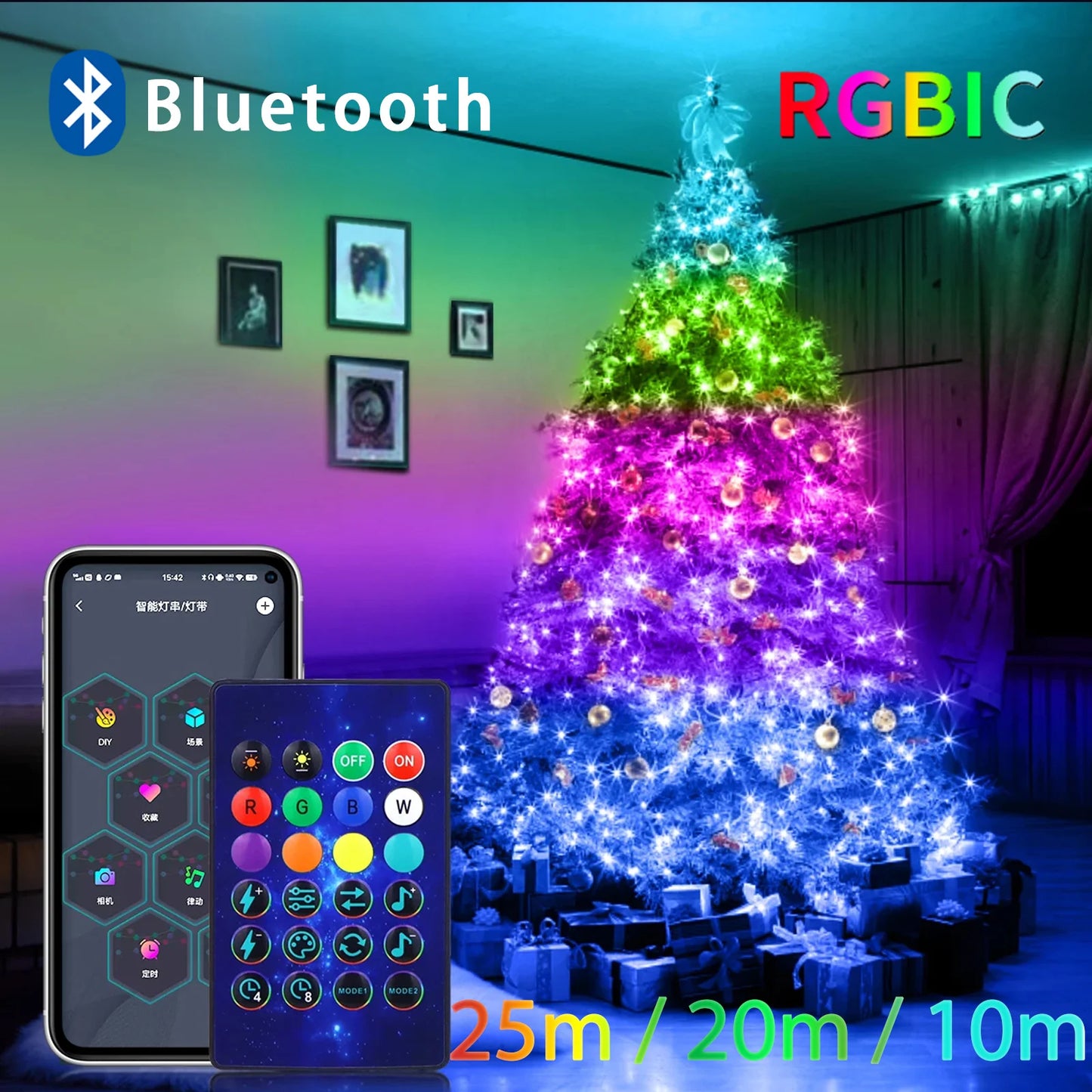 Guirlande lumineuse de Noël Bluetooth - Guirlande LED étanche pour arbre de Noël, application et décoration de vacances télécommandée