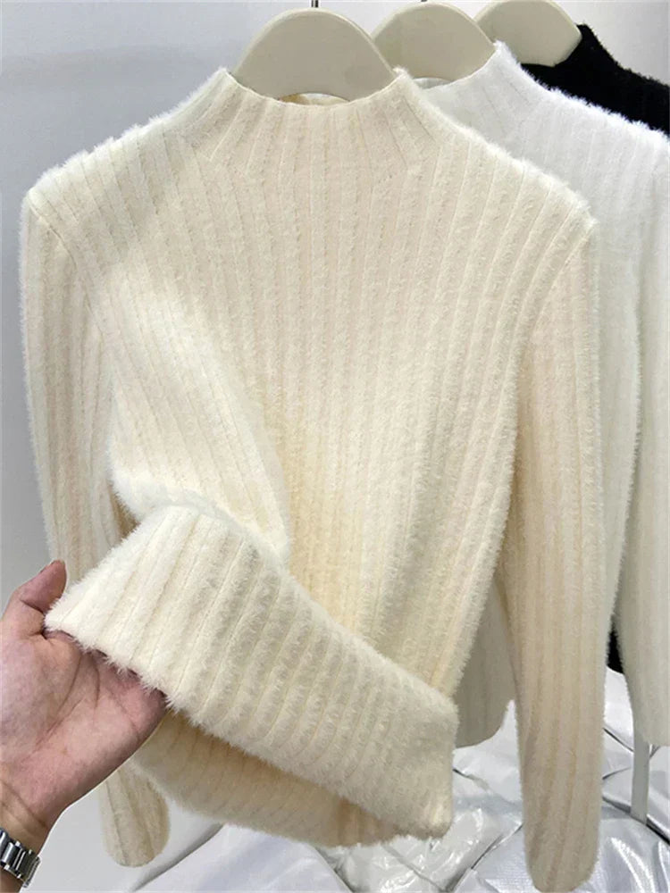Blød Kvinde Mock Neck Sweater - Tætsiddende Ribstrikket, Strikket, Vinter