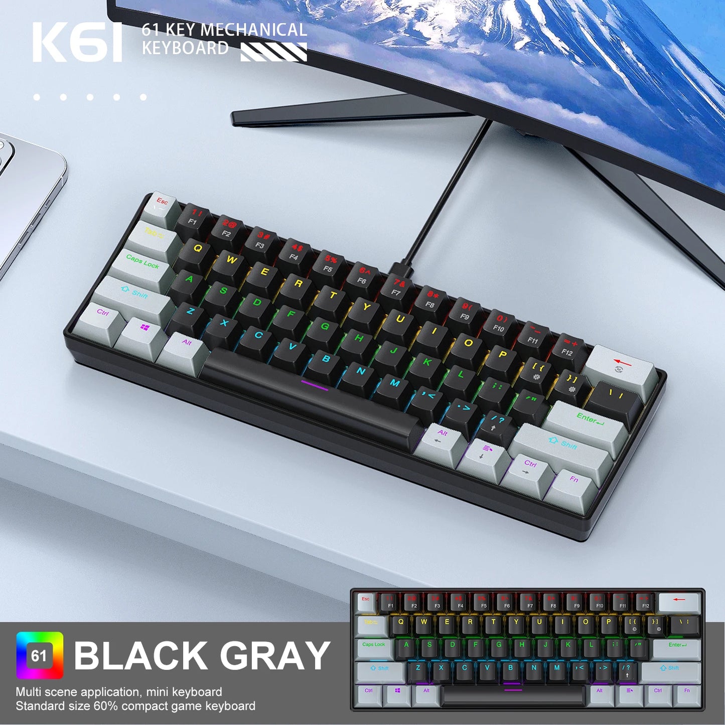 Teclado Mini Mecánico con Cable RGB Portátil 60 Porciento