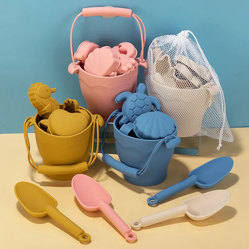Silikon Strandspielzeug Set 8-teilig Eimer und Formen Kinder Sandspiel Sommer 2025 Flexibel Einfach zu Reinigen Sicheres Geschenk