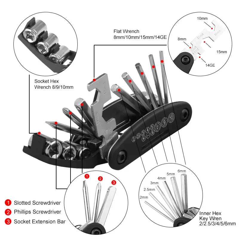 Home Tools Fahrradreparatur-Multitool-Set mit Schraubendreher, Reifenhebern und Schraubenschlüsseln