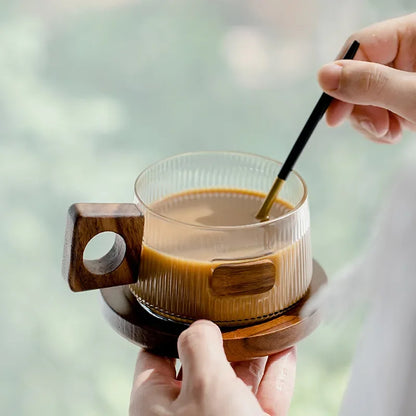 Koffiemokset 250ml Glas Met Houten Handvat, Dienblad En Lepel, Geribbelde Theekop Informeel Herfst 2025 Gezellig Cadeau