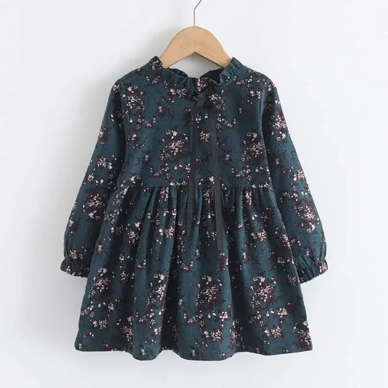 Soft Girls Dress – Long Sleeve Knee-Length, Floral Print, Cotton, Casual Autumn Wear