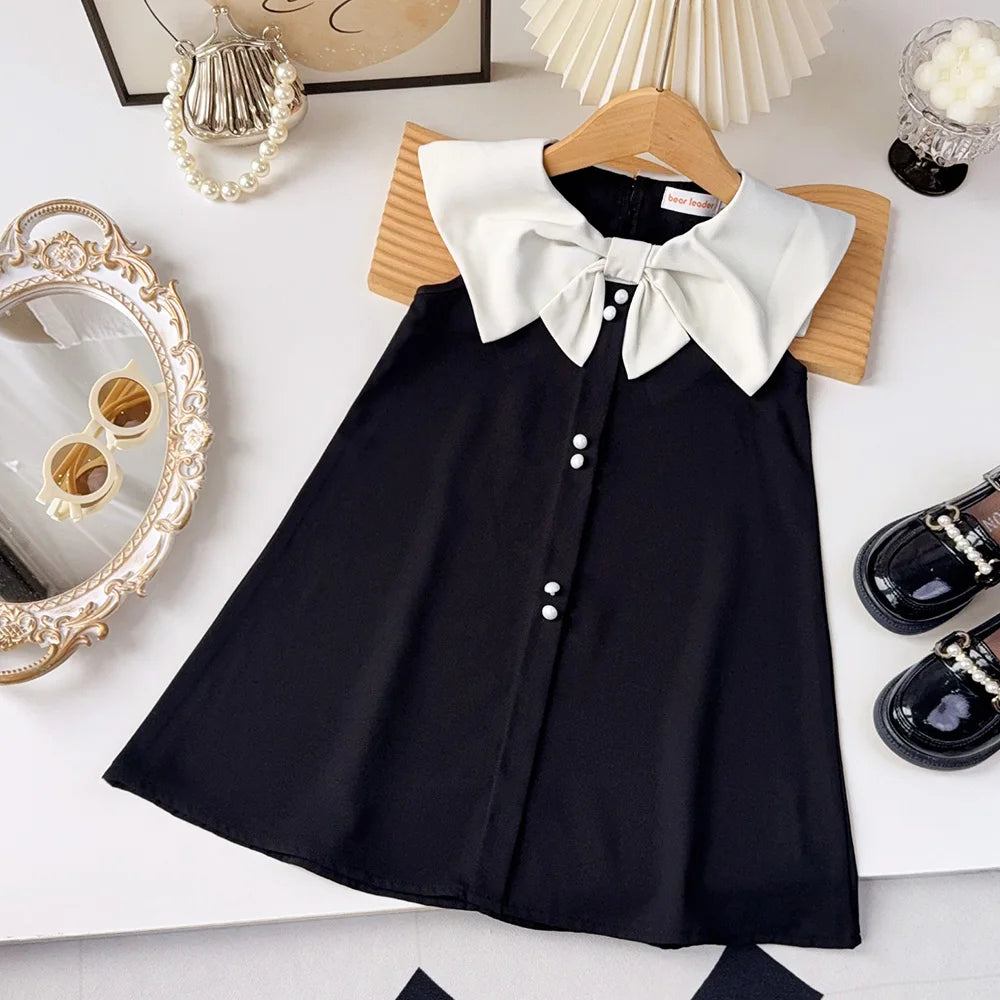 Soft and flattering girls' knee-length dress - sleeveless, bow-collar, polyester, birthday party