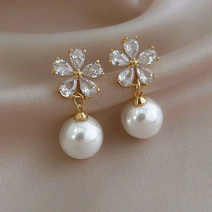 Crystal Flower Earrings Pearl Drop Gold Tone – Korean Style Party Jewelry, Fall 2026 Gift Idea