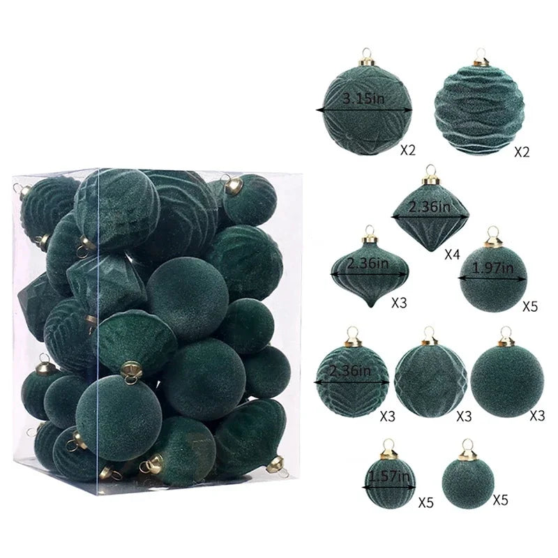 Ornements d'arbre de noël en velours floqué, boules suspendues en peluche pour décoration de maison Festive, décoration de fête de vacances 35 pièces