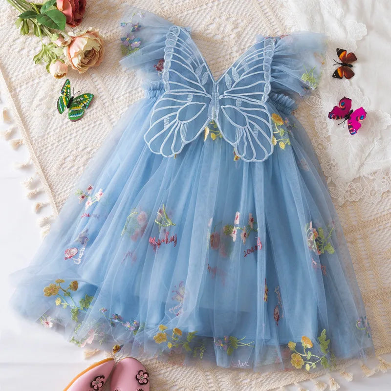 Lightweight flowy girls' dress - knee-length tulle, floral print, polyester, for weddings