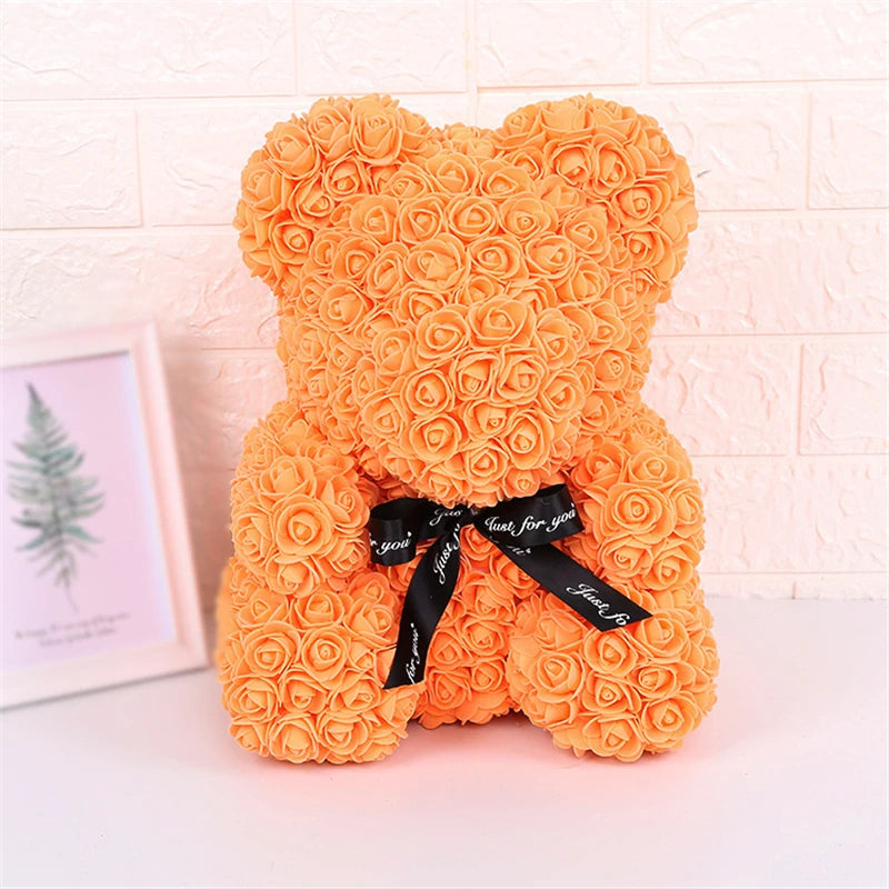 Faux Rose Teddy Bear with Gift Box and Lights - Romantic Anniversary or Valentine's Day Gift, Wedding Decor