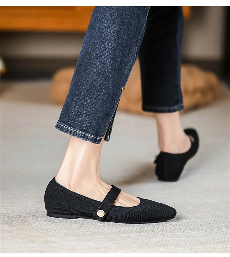 Stretchy Women Mary Jane Flats - Ribbed Knit For Spring