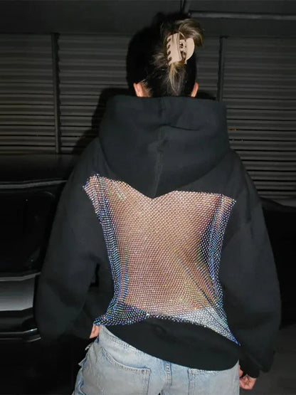 Oversized Relaxed Women’s Hooded Pullover - Boxy Hollow-Back Cut, Blended Fabric With Mesh Back, For Streetwear