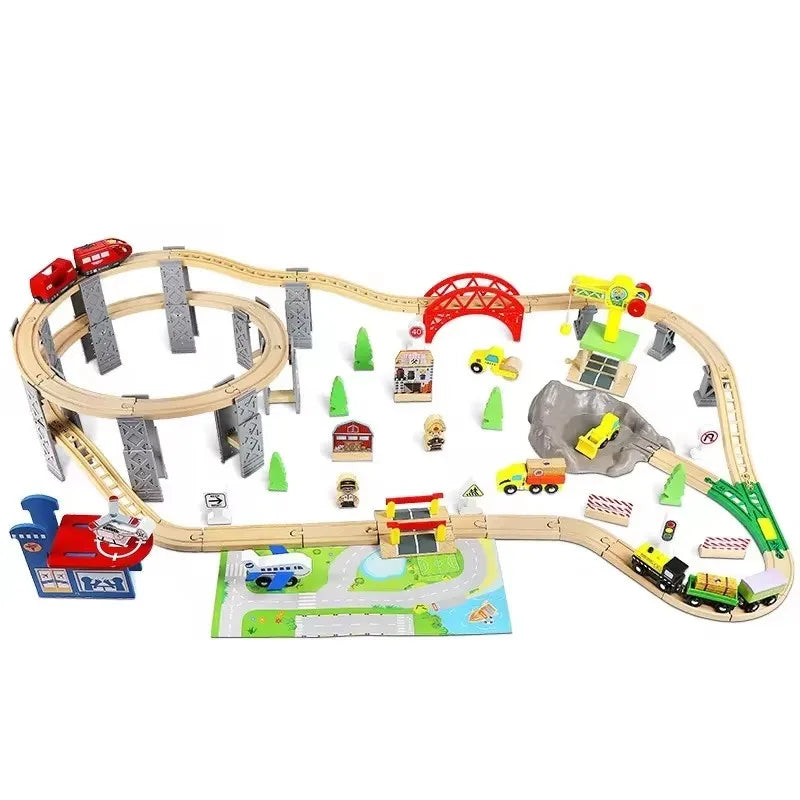 Wooden Train Track Set with Spiral Tracks & Bridge Piers - 26pcs Eco-Friendly Gift for Kids