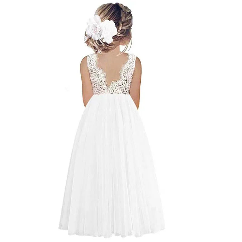 Leichtes Mädchen-Blumenkindkleid - Spitzenoberteil, fließender Tüllrock, Polyester, Für Hochzeit