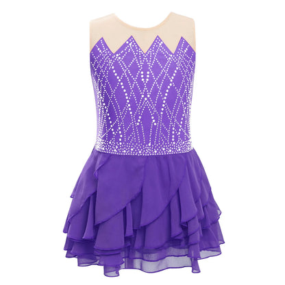 Lightweight Girls' Leotard - Rhinestone Embellished, Mesh Skirt, Polyester/Nylon/Elastane, For Ballet, Gymnastics