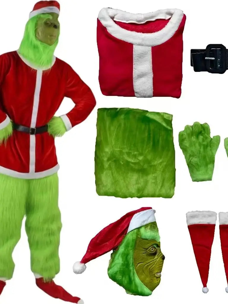 Groene cosplaykostuumset van de animeversie van de Kerstman met hoed, handschoenen, riem en masker voor Halloween en carnaval 2026