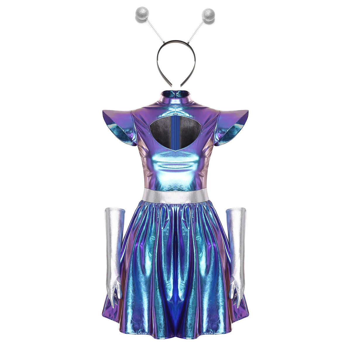 Zilverkleurige metallic astronauten-alien-tutu-jurk voor vrouwen, cosplayruimtecadetromper, Halloweenfeestjurk 2026