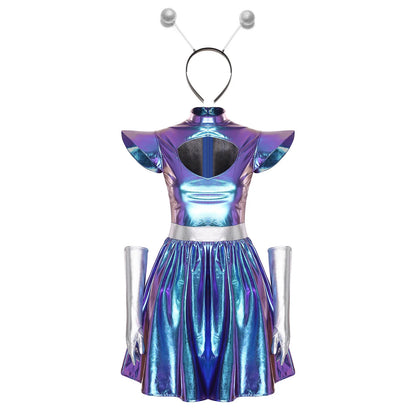 Zilverkleurige metallic astronauten-alien-tutu-jurk voor vrouwen, cosplayruimtecadetromper, Halloweenfeestjurk 2026