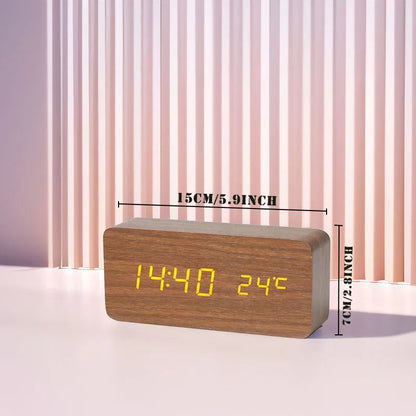 Digital Alarm Clock Wooden LED Table Clock with Temperature for Bedroom Office Decor